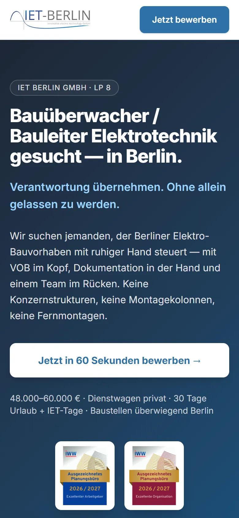 Bewerber-Landingpage der IET-Berlin GmbH für Bauüberwacher Elektrotechnik auf dem Handy